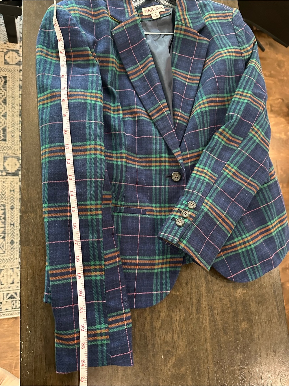 Vintage Merona Navy and Green Plaid Single-Button Blazer - Picture 5 of 8